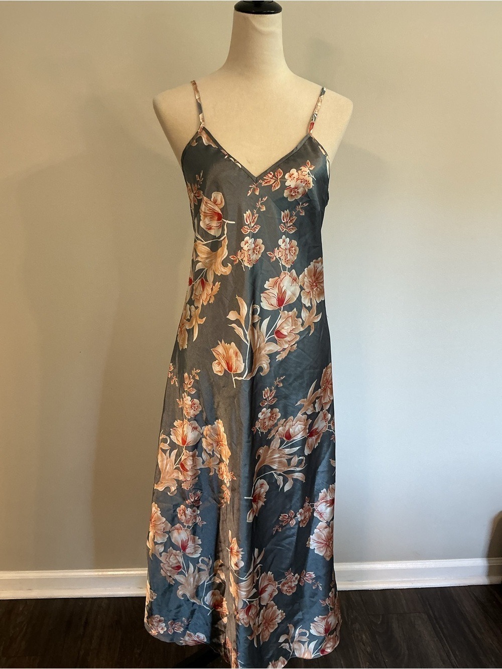 Floral Satin Slip Chemise in Slate Gray with Pink Blooms - Picture 3 of 8